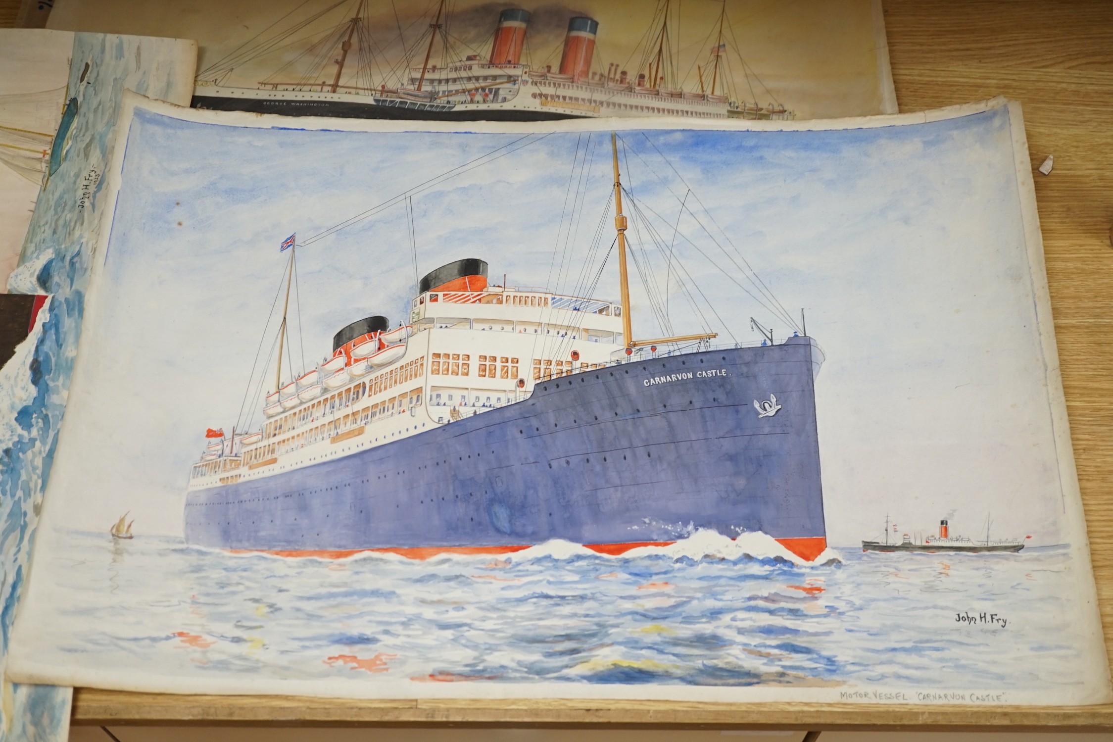 John Hemming Fry (1860-1946), two watercolours, Illustrations of the RMS Majestic and RMS Caernarvon Castle, signed, 47 x 70cm, unframed (original postcards artwork)